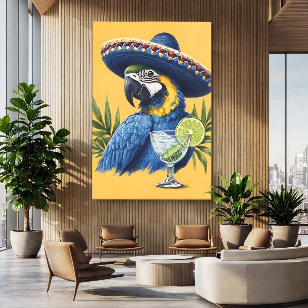 Tablou canvas cu tablou canvas cu papagal si sombrero, fara rama, pe sasiu de lemn, pe perete intr-un birou